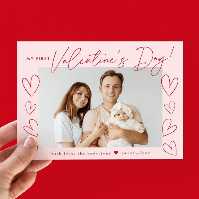 My First Valentine's Day Pink and Red Script Photo Holiday Card (Creator Uploaded)