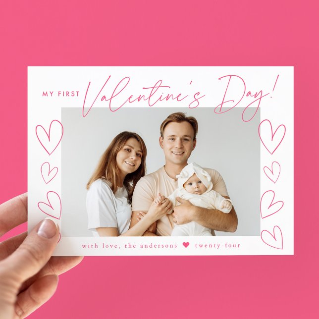 My First Valentine's Day Pink Script Photo Holiday Card (Creator Uploaded)