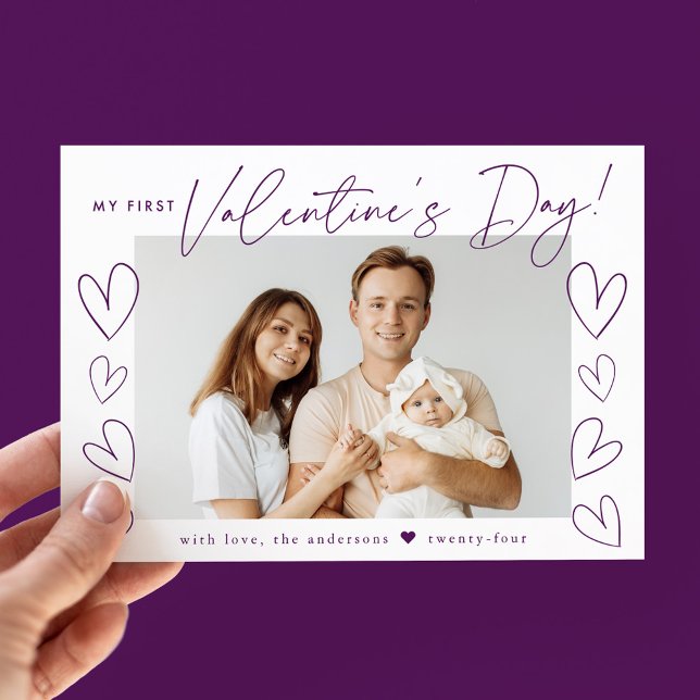 My First Valentine's Day Purple Script Photo Holiday Card (Creator Uploaded)