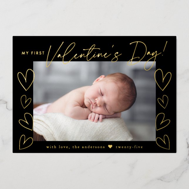My First Valentine's Day Script Black Photo Foil Holiday Card (Front)