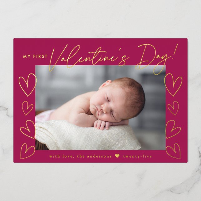 My First Valentine's Day Script Fuchsia Photo Foil Holiday Card (Front)