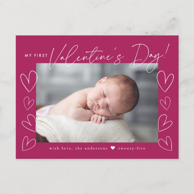 My First Valentine's Day Script Fuchsia Photo Holiday Postcard (Front)