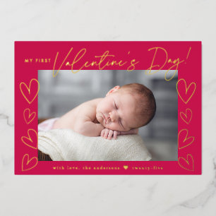 My First Valentine's Day Script Magenta Photo Foil Holiday Card