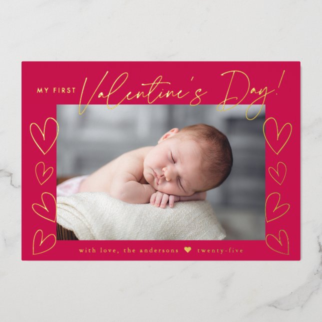 My First Valentine's Day Script Magenta Photo Foil Holiday Card (Front)