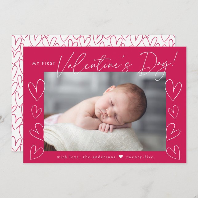 My First Valentine's Day Script Magenta Photo Holiday Card (Front/Back)