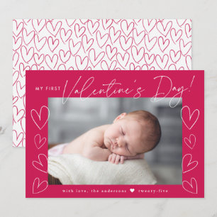 My First Valentine's Day Script Magenta Photo Holiday Card
