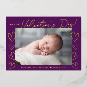 My First Valentine's Day Script Purple Photo Foil Holiday Card