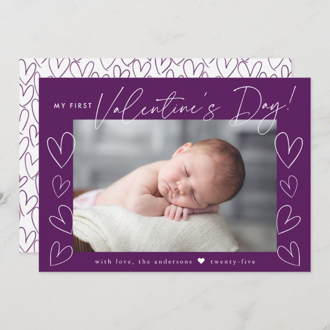 My First Valentine's Day Script Purple Photo Holiday Card (Front/Back)