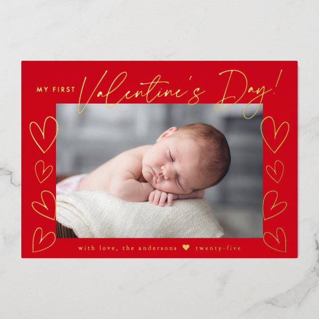 My First Valentine's Day Script Red Photo Foil Holiday Card (Front)