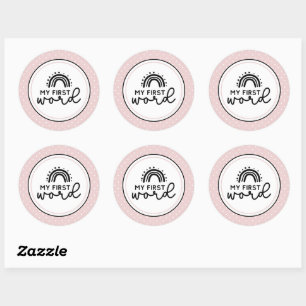 My first word rainbows and polka dots milestone classic round sticker