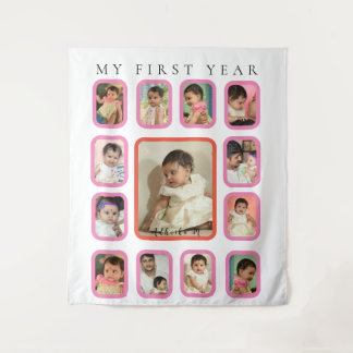 My First year 12 Months Baby photo Collage Tapestry