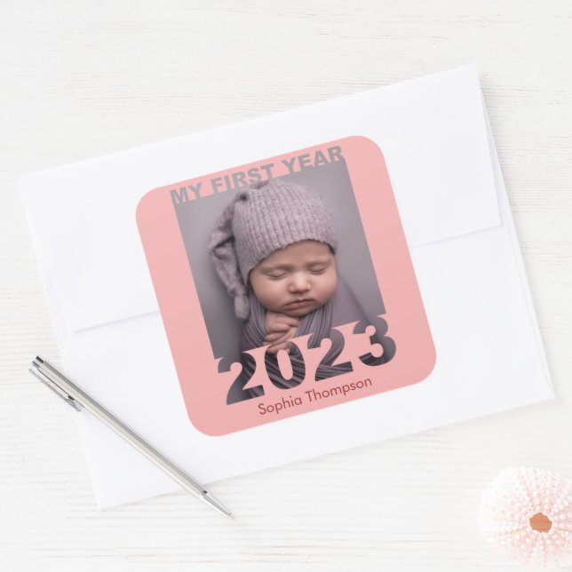 My First Year 2023 Modern Cutout Baby Photo Coral Square Sticker (Envelope)
