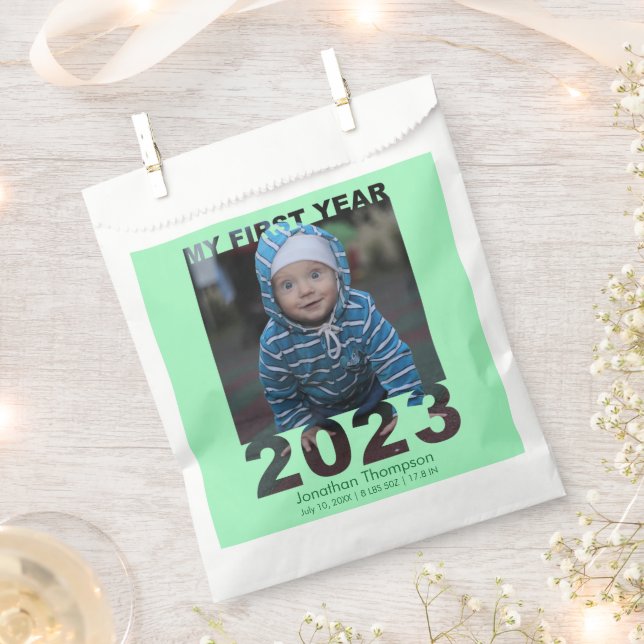 My First Year 2023 Modern Cutout Baby Photo Green Favour Bags (Clipped)