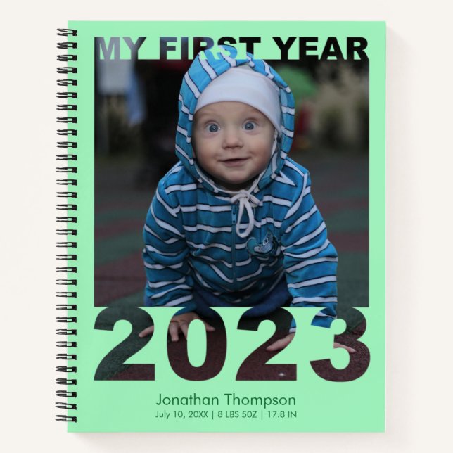 My First Year 2023 Modern Cutout Baby Photo Green Notebook (Front)