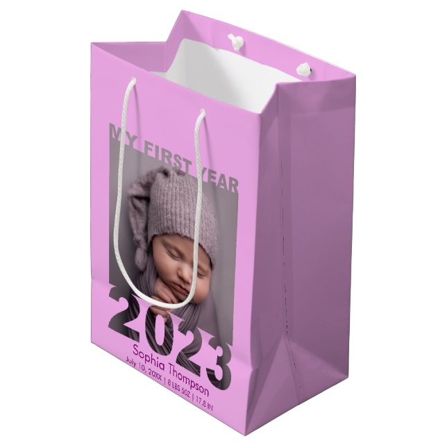 My First Year 2023 Modern Cutout Baby Photo Pink Medium Gift Bag (Front Angled)