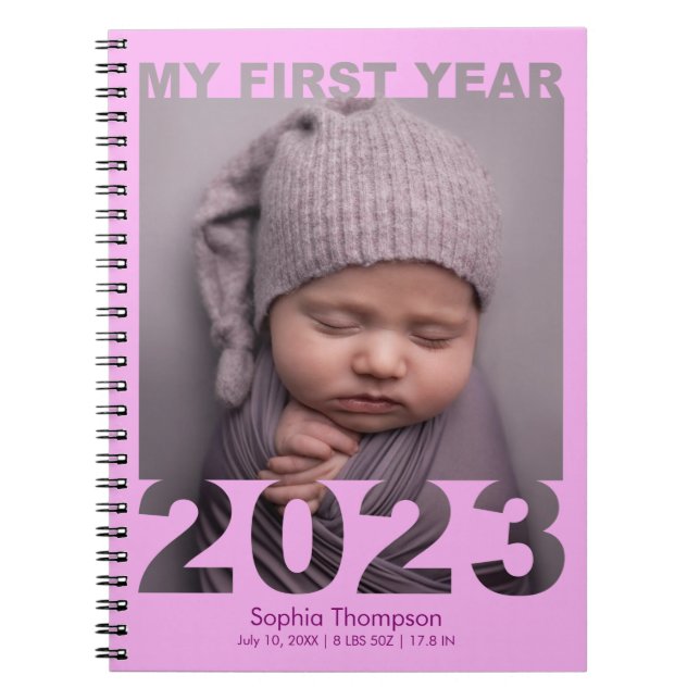 My First Year 2023 Modern Cutout Baby Photo Pink Notebook (Front)
