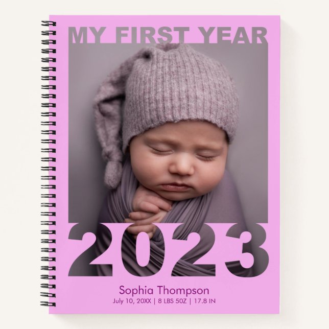 My First Year 2023 Modern Cutout Baby Photo Pink Notebook (Front)