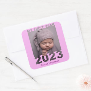 My First Year 2023 Modern Cutout Baby Photo Pink Square Sticker