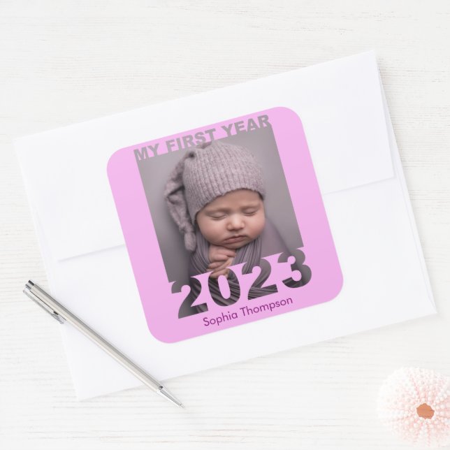 My First Year 2023 Modern Cutout Baby Photo Pink Square Sticker (Envelope)