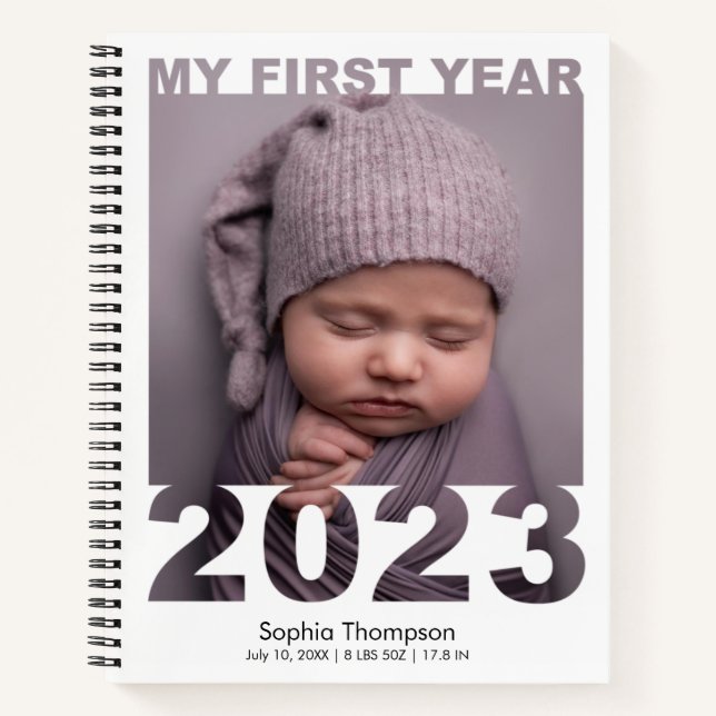 My First Year 2023 Modern Cutout Baby Photo White Notebook (Front)