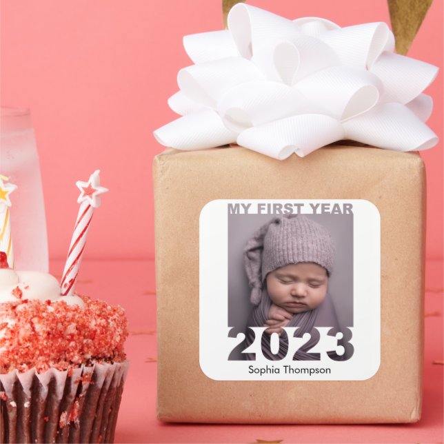 My First Year 2023 Modern Cutout Baby Photo White Square Sticker (Party)
