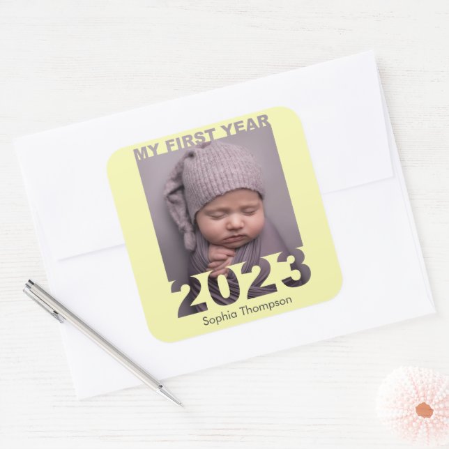 My First Year 2023 Modern Cutout Baby Photo Yellow Square Sticker (Envelope)