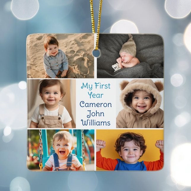 My First Year Baby Boy Photo Collage Cute 2 Sided Ceramic Ornament (Creator Uploaded)