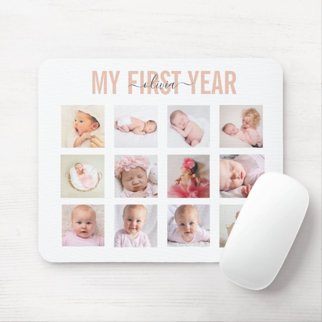 My First Year Baby Girl 12 Photo Collage   Mouse Mat (With Mouse)