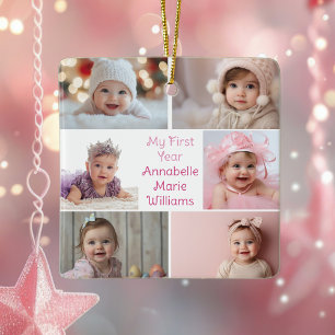 My First Year Baby Girl Photo Collage Cute 2 Sided Ceramic Ornament