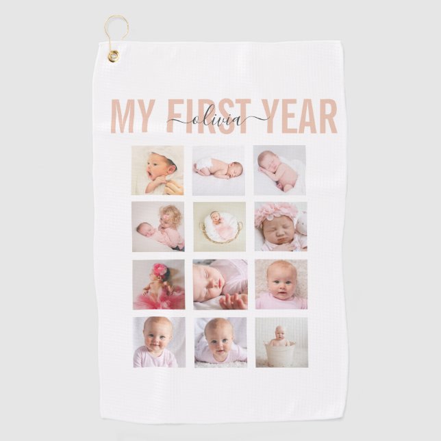 My First Year Baby Name 12 Photo Collage   Golf Towel (Front)