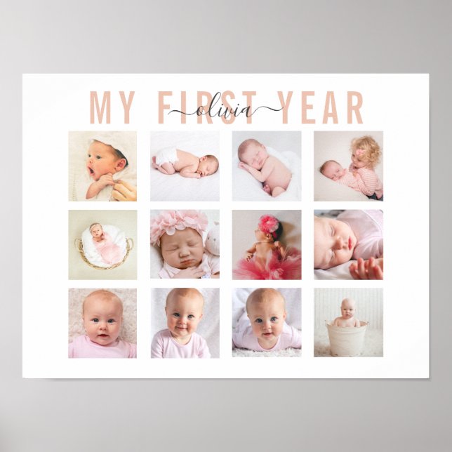 My First Year Baby Name 12 Photo Collage Poster (Front)
