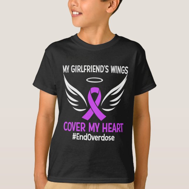 My Girlfriend's Wings Cover My Heart Purple Ribbon T-Shirt (Front)
