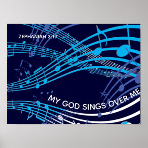 My God Sings Over Me Zephaniah 3:17 Blue Music Poster
