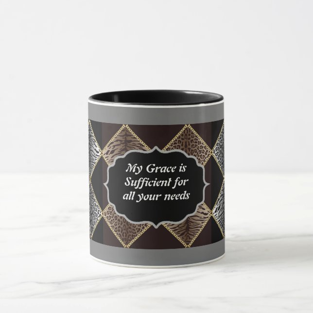 My Grace is Sufficient Animal Print  Grey Rim Mug (Center)