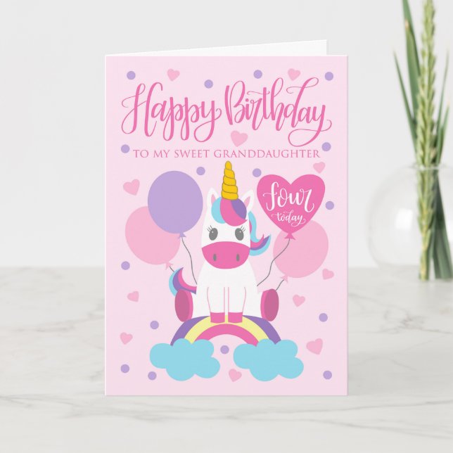 My Granddaughter Unicorn On Rainbow 4th Birthday Card (Front)