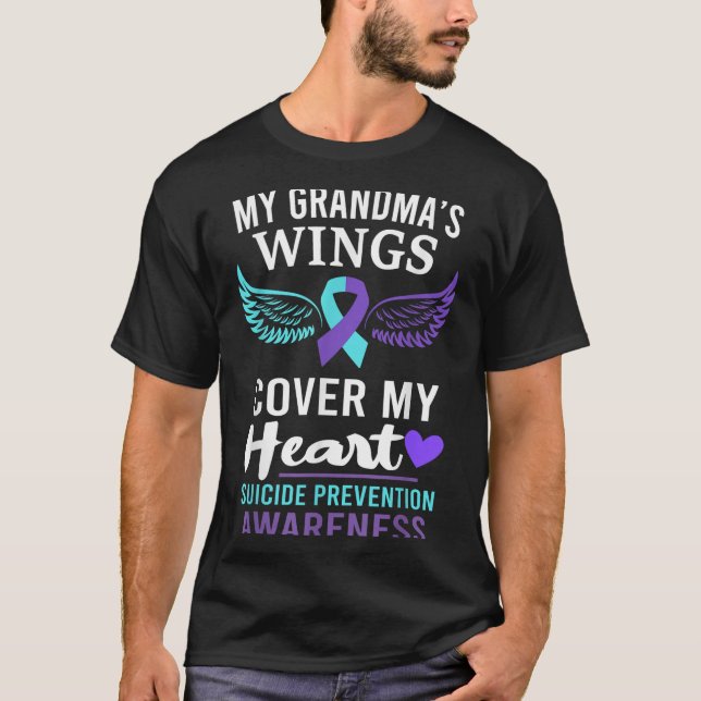 My Grandma's Wings Cover Heart Suicide Awareness R T-Shirt (Front)