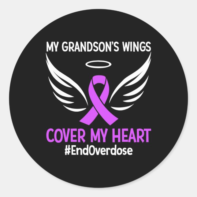 My Grandson's Wings Cover My Heart Purple Ribbon  Classic Round Sticker (Front)