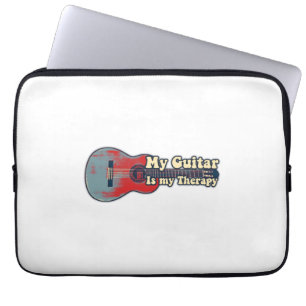 My guitar is my therapy. vintage red and blue laptop sleeve
