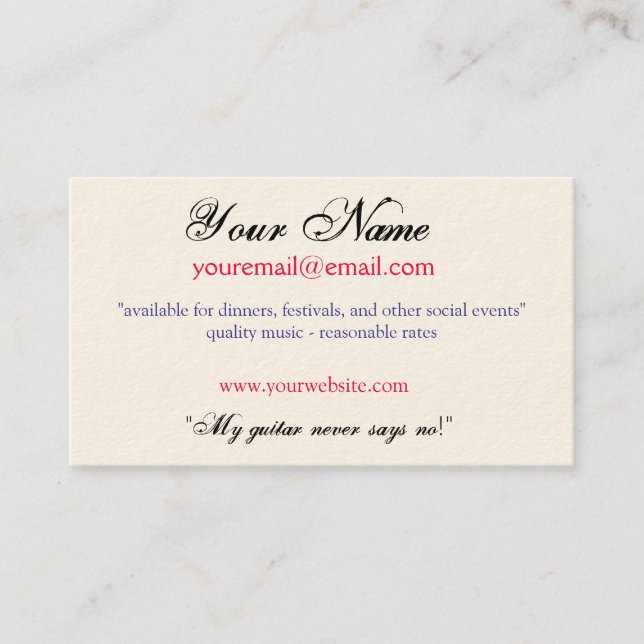 "My guitar never says no!" Business Card (Front)