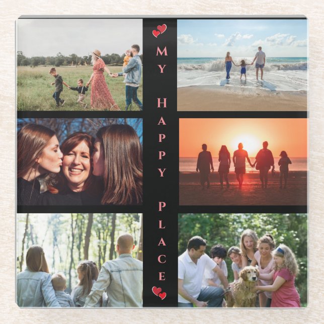 My Happy Place Customisable Family Photo 6 Picture Glass Coaster (Front)