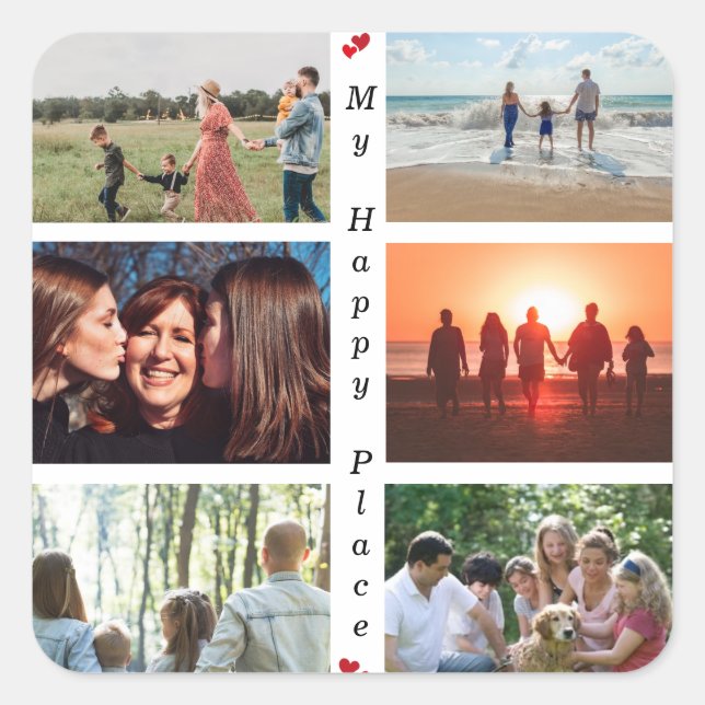 My Happy Place Customisable Family Photo 6 Picture Square Sticker (Front)