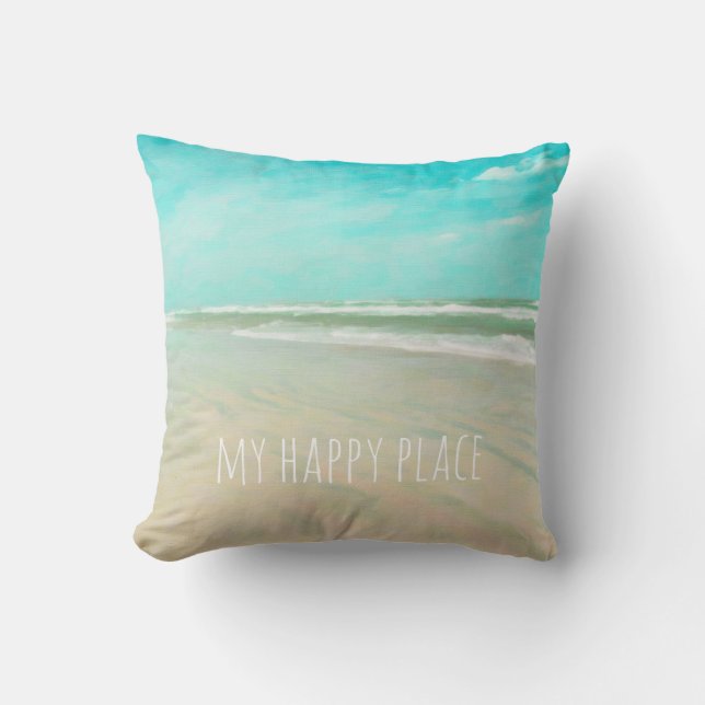My Happy Place Turquoise Sky Beach Scene Cushion (Front)