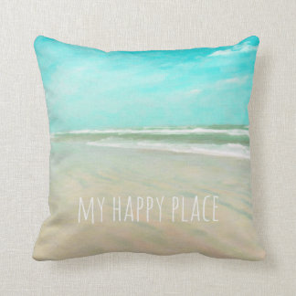My Happy Place Turquoise Sky Beach Scene Cushion