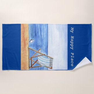 My Happy Place Watercolor and Ink Illustration Beach Towel