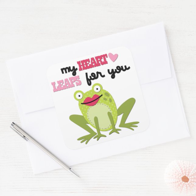 My Heart Leaps Green Valentine Frog Square Sticker (Envelope)