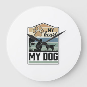 My Heart My Dog Vintage Engraving Dog Lover Design Large Clock