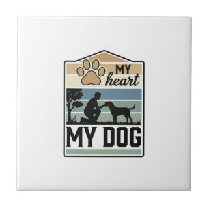 My Heart My Dog Vintage Engraving Dog Lover Design Tile