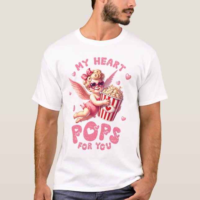 My Heart Pops for You" Cute Popcorn Design T-Shirt (Front)