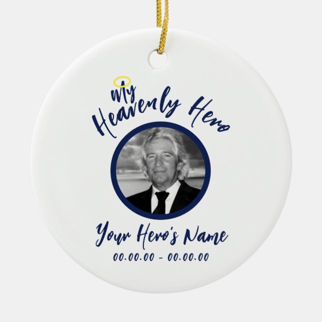 My Heavenly Hero White Memorial Ornament w/ Blue (Front)