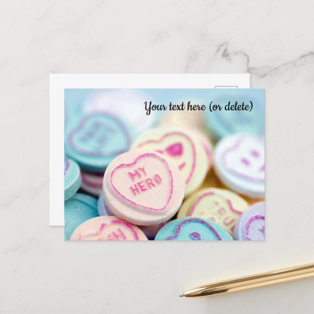 “My Hero” Love Heart Sweets Postcard (Front/Back In Situ)